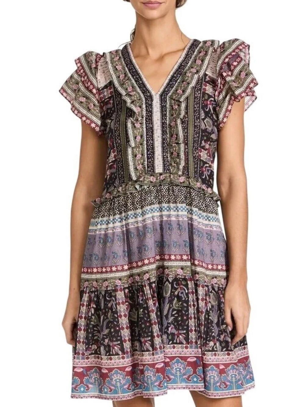 Sea New York Brooke Border Flutter Sleeve Dress Size M Boho Hippie